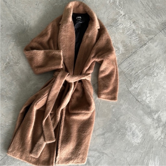 ZARA Faux Fur Teddy Tie Waist Coat Camel Small - Picture 3 of 16